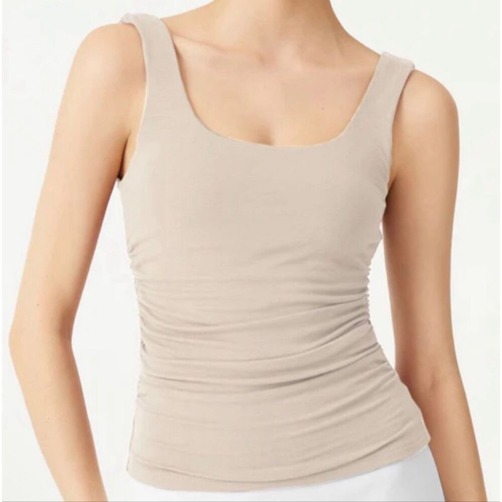 OGLMove Beige Ruched Tank Top Square Neck Double Layer Stretch Sleeveless Size L